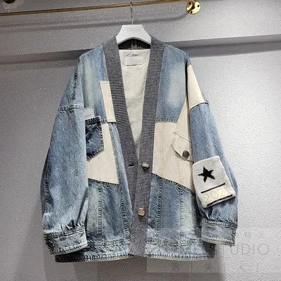 Streetwear Women Jeans Jacket Knit Spliced Pocket V-Neck Fashion Patchwork Denim Jackets  Autumn Loose Jeans Coat Female