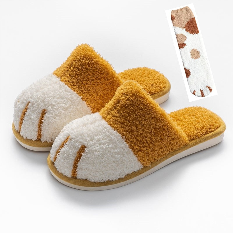 Winter House Warm Fur Slipers For Women Cute Cat paw Designer Bedroom Warm Plush Shoes Non-slip Indoor Women Furry Slippers