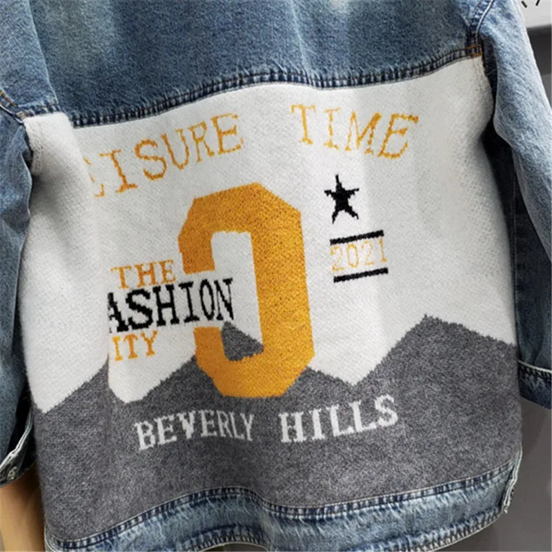 Streetwear Women Jeans Jacket Knit Spliced Pocket V-Neck Fashion Patchwork Denim Jackets  Autumn Loose Jeans Coat Female