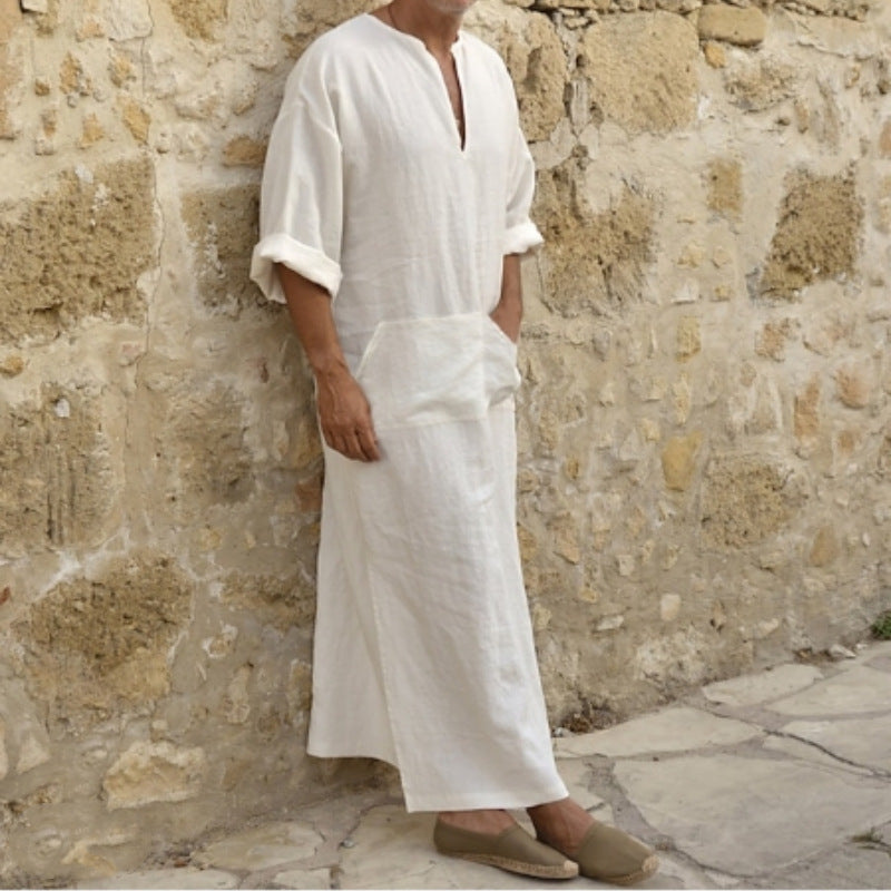 Men's loose standing collar, door tube, long sleeved robe, ethnic style, Middle Eastern robe