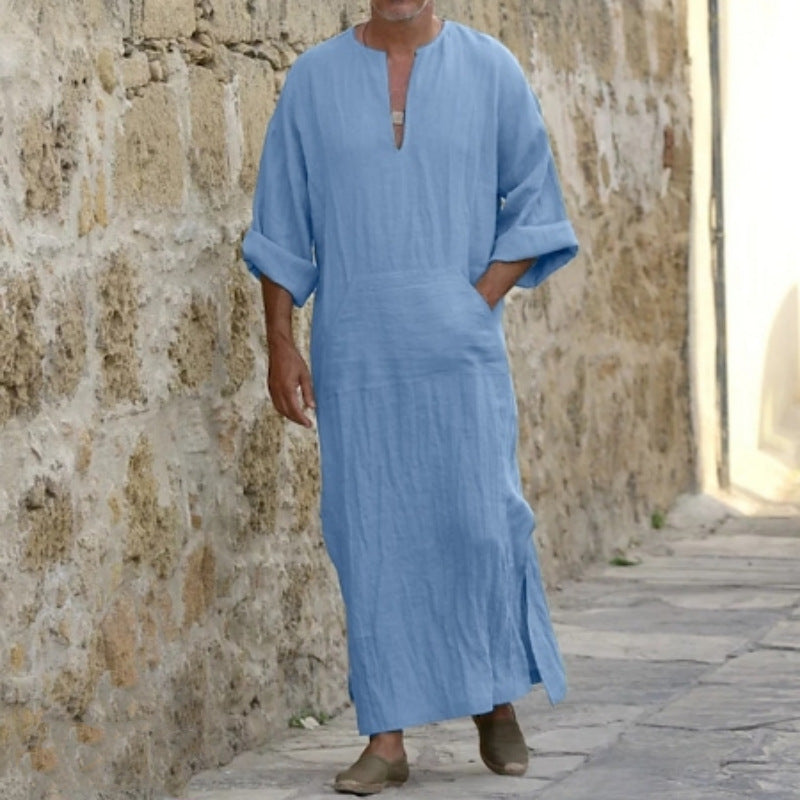 Men's loose standing collar, door tube, long sleeved robe, ethnic style, Middle Eastern robe