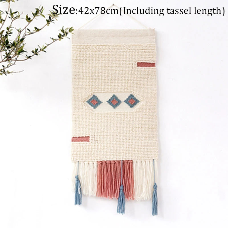 Hand Woven Tufted Tapestry Macrame Tassel Bohemian Wall Hanging Tapestries Boho Weding Wall Decor Apartment Dorm Room Decoration