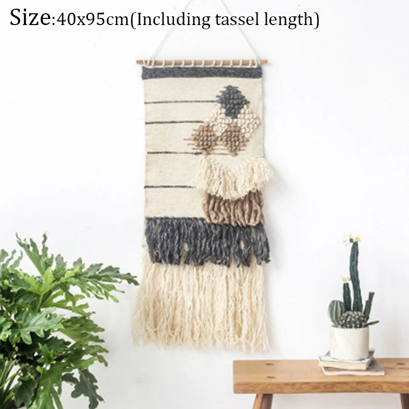 Hand Woven Tufted Tapestry Macrame Tassel Bohemian Wall Hanging Tapestries Boho Weding Wall Decor Apartment Dorm Room Decoration